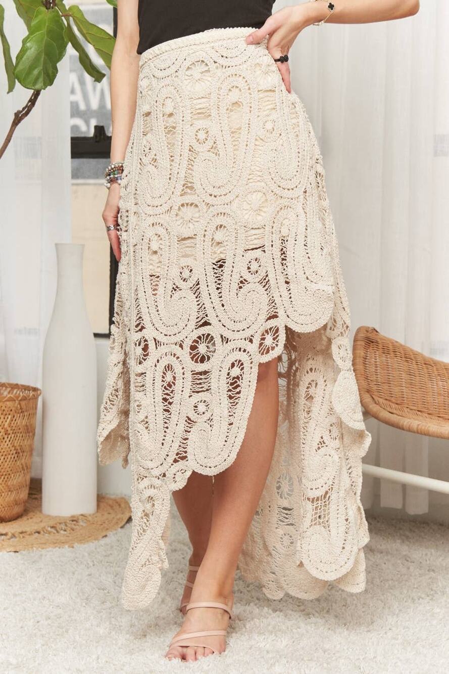 Crochet Lace High-Low Maxi Skirt in Beige
